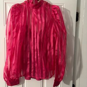 Chiffon Stripes Puff-Sleeve Blouse - Hot Pink